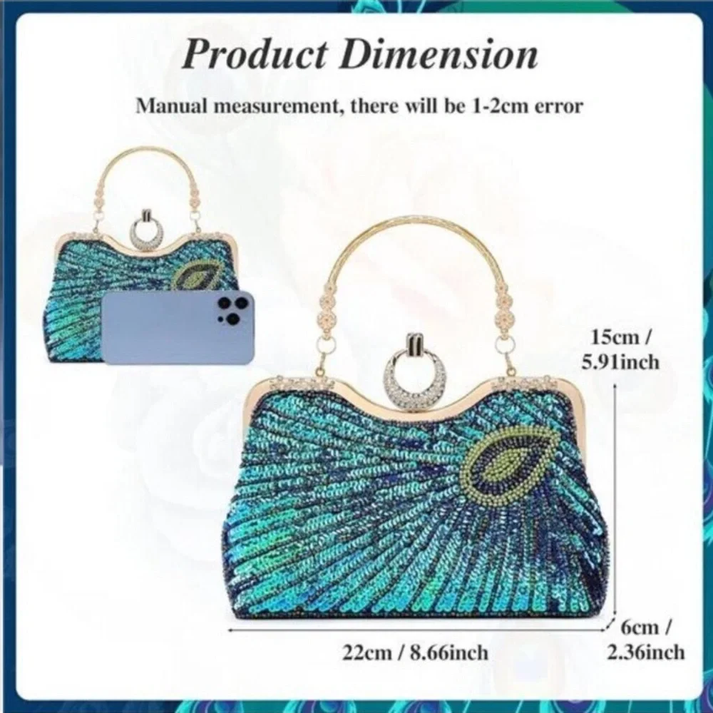 Beaded Bag Sequin Peacock Evening Clutch Purse for Women Formal Evening Blue